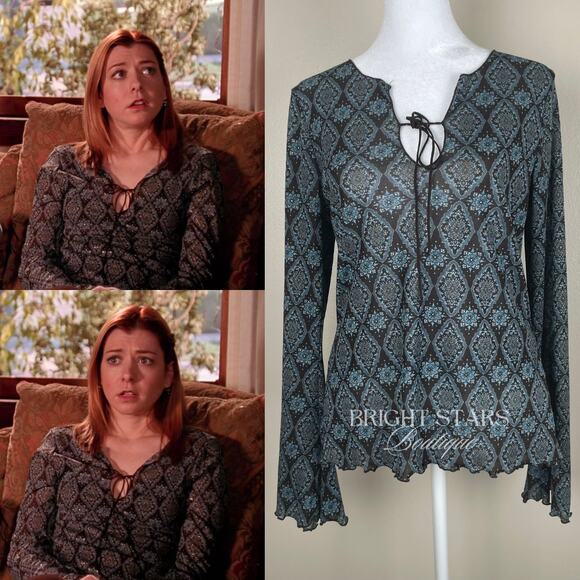 Rare Vintage Semi Sheer Print Top ASO Willow Rosenberg BtVS Y2K Boho Buffy - Picture 1 of 9